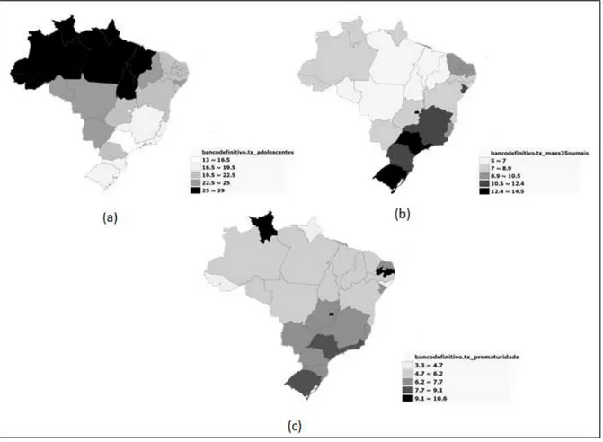 Figura  3. Mapas temáticos com variáveis relacionadas à  mãe:  (a)Distribuição da taxa de mães adolescentes, Brasil  2009;  (b)  Distribuição  da  taxa  de  mães  com  35  anos  ou  mais  por  nascido  vivo,  Brasil  2009; c)Distribuição da taxa de taxa de
