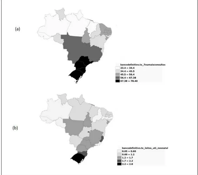Figura  4.  Mapas  temáticos  com  variáveis  da  assistência  médico  hospitalar:  (a)  Taxa  de  realização  de  7 consultas ou mais de pré-natal, Brasil 2009; (b) Taxa de Leitos de UTI neonatal por 1000 nascidos vivos, Brasil 2009.