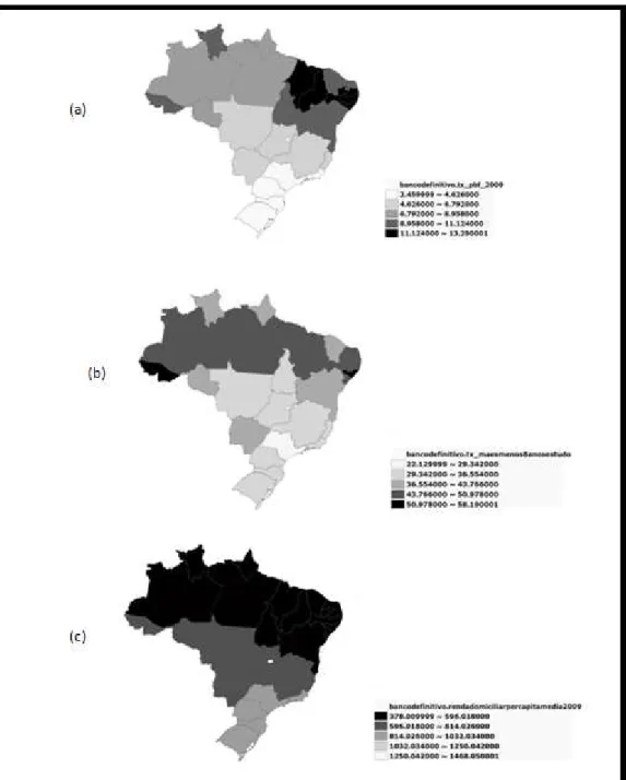 Figura 5. Mapas temáticos com variáveis socioeconômicas: (a) Taxa de Cobertura do Programa Bolsa Família, Brasil 2009; (b)  Taxa de mães com  menos de 8  anos de estudo, Brasil 2009;(c) Renda domiciliar percapita, Brasil 2009.