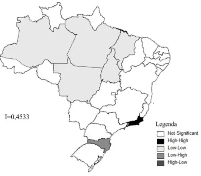 Figura 6 - Correlação Espacial entre Taxa de Baixo Peso ao Nascer e taxa de mães adolescentes por nascido vivo, Brasil 2009