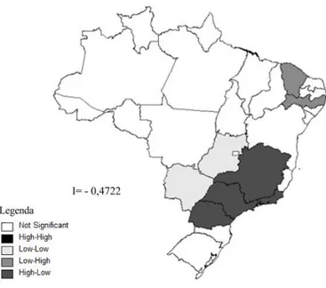 Figura 7 - Correlação Espacial entre Taxa de Baixo Peso ao Nascer e taxa de mães com menos de 8 anos de estudo, Brasil 2009.