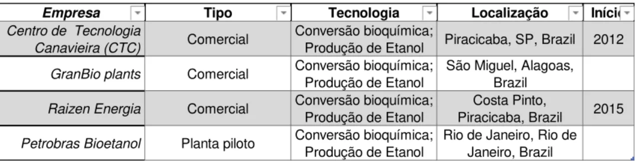 Tabela 1: Quadro de plantas produtoras de E2G no Brasil 