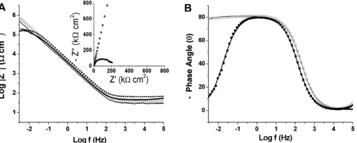 Fig. 6. Bode and Nyquist plots of experimental data of bare ( j ) and nitrided ( s ) alloy after 1 day of immersion in PBS solution