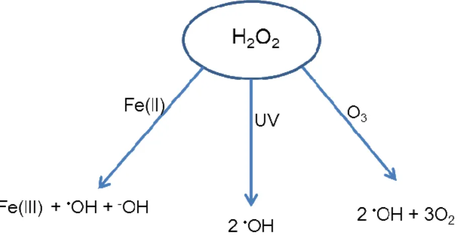 Figura 1 – Produção do radical hidroxil via Reagente de Fenton, UV/peróxido de hidrogênio e  ozônio/peróxido de hidrogênio