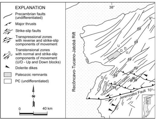 Fig. 5. Brittle shear zones in the basement east of the North Tucano Sub-basin, showing sinistral strike- and oblique-slip faults formed during rifting (Magnavita, 1992)