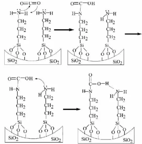 Figura 13 - Representação do mecanismo de interação do CO 2  com o suporte a base de sílica 
