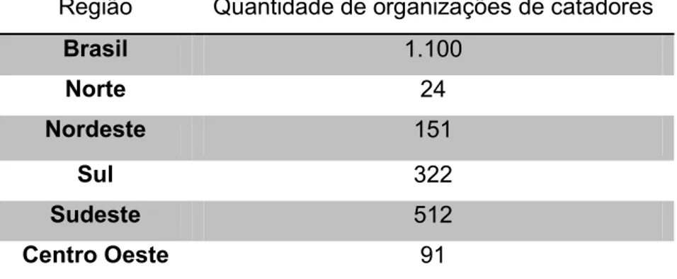 Tabela 4: Número de organizações de catadores em área 