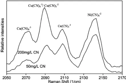 Fig. 6. Raman spectra of copper and nickel cyanides loading on the Amberlite IRA958 resin