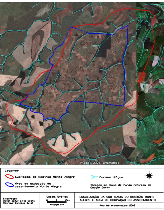 Figura 1  –  Localização da sub-bacia do Ribeirão Monte Alegre e do Assentamento  (DUVAL, 2009) 