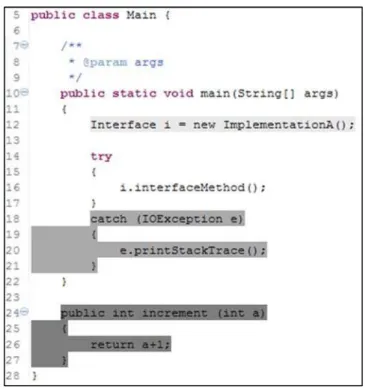 Figura 2: Exemplo de código-fonte da CIDE. Diferentes tons de cinza (claro, médio e forte)  representam features opcionais diferentes