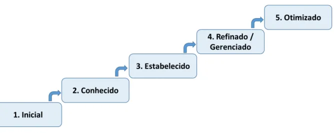 Figura 7 - Escala de níveis de maturidade  Adaptado de (LUFTMAN; KEMPAIAH, 2007)  Para realizar a avaliação, Luftman propõe quatro passos: 