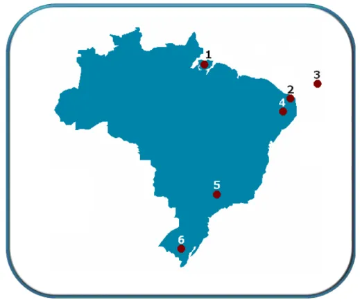 Figura 5. Mapa do Brasil mostrando os locais coletados, cada ponto representa uma colônia reprodutiva