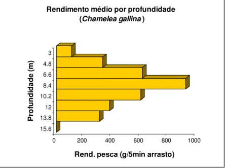 Figura 7 – Rendimento médio de pesca (g/5 min de arrasto) em profundidade  para o pé-de-burrinho (Junho 2014)