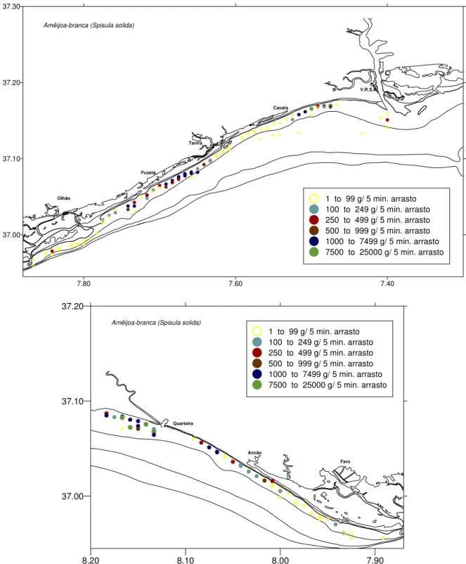 Figura 4 – Distribuição e rendimento médio da pesca de amêijoa-branca na zona Sul   (Junho 2014)