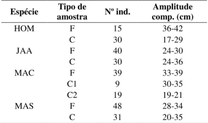 Tabela 2 - Caracterização das amostras observadas (HOM – carapau branco, JAA – carapau  negrão, MAC - sarda, MAS – cavala, F – fresco, C – congelado) 