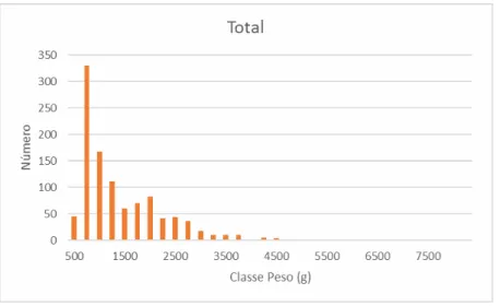 Figura 12 - Distribuição de todos os indivíduos amostrados por classe de 250 g de peso total
