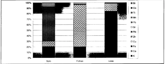 Gráfico 10 - Composição metálica dos solos, folhas e uvas. 
