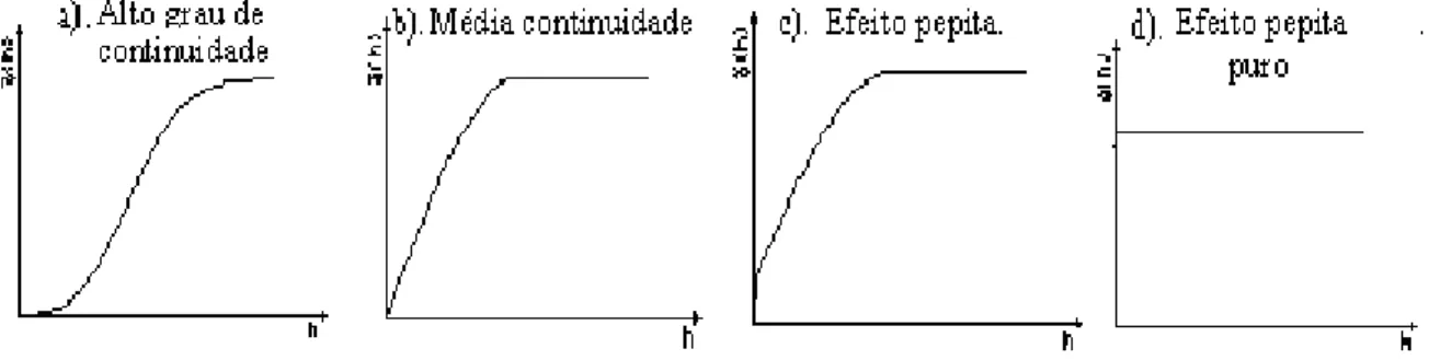 Figura 2 – Diferentes graus de continuidade da mineralização mostrados pelo comportamento  do variograma na origem: (Bubenicek; e Haas, 1969 apud Yamamoto 2001)
