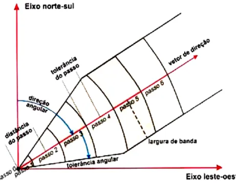 Figura 3 - Desenho de um variograma experimental. Os passos, tolerância angular, a largura  máxima e tolerância de passo