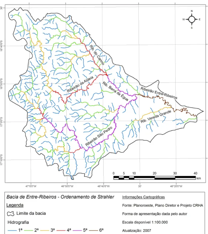 Figura 4.8: Carta da Rede Hidrográfica da área da bacia de Entre Ribeiros sob o Ordenamento de Canais  de Strahler