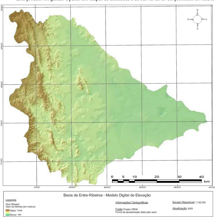 Figura 4.4: Modelo Digital de Elevação do Terreno da bacia do Ribeirão Entre Ribeiros