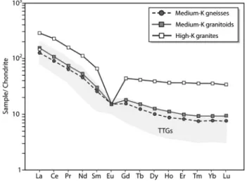 Fig. 6. Average chondrite-normalized REE patterns for high-K granites and medium-K gneisses and granitoids