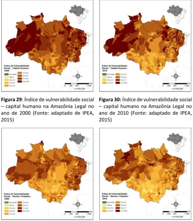 Figura 30: Índice de vulnerabilidade social  –  capital  humano  na  Amazônia  Legal  no  ano  de  2010  (Fonte:  adaptado  de  IPEA,  2015) 