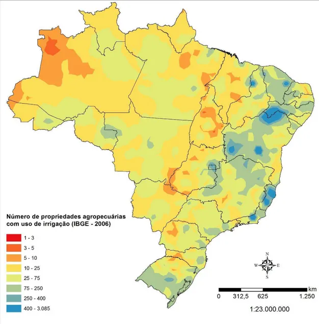 Figura  7.  Mapeamento  da  distribuição  de  áreas  com  irrigação  no  Brasil,  usando  o  número  de  estabelecimentos agropecuários com irrigação por município do IBGE (2006) 