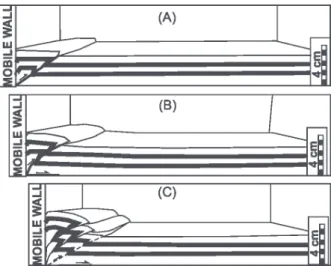 Figure 9 - Sequential line drawings of a shortening experiment,  set up with sand overlying a card sheet (a) 1 cm contraction,  (b) 2 cm and (c) 4 cm (modified from Gomes 2013).