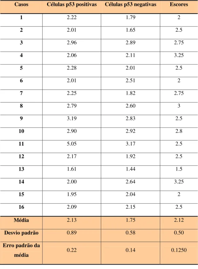 Tabela 3. Números médios de NORs/núcleo de células p53 positivas e p53 negativas e escores  histológicos de malignidade das respectivas.lesões