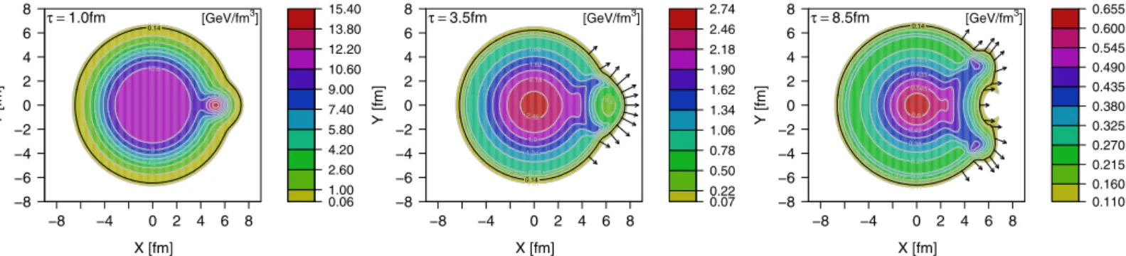 Fig. 3. Temporal evolution of energy density for the simpliﬁed model at times 1.0, 3.5 and 8.5 fm (thicker outer black curve corresponding to freeze out temperature of 0.14 GeV)
