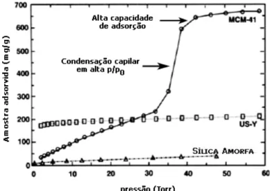 Figura 3.11 Isotermas de adsorção de benzeno para amostras de MCM-41, zeólita Y e sílica amorfa, a 25ºC  (BECK et al., 1992