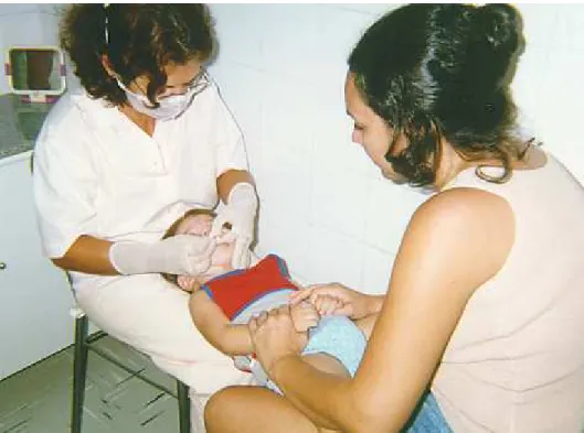 Fig.  1:  Atendimento  de  um  bebê  no  sistema  joelho-joelho  executado 