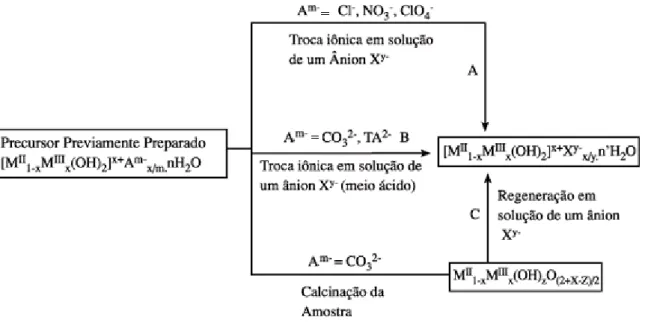 Figura 3.17 – Métodos empregados para substituição do ânion interlamelar: (A) troca iônica em solução; (B) 