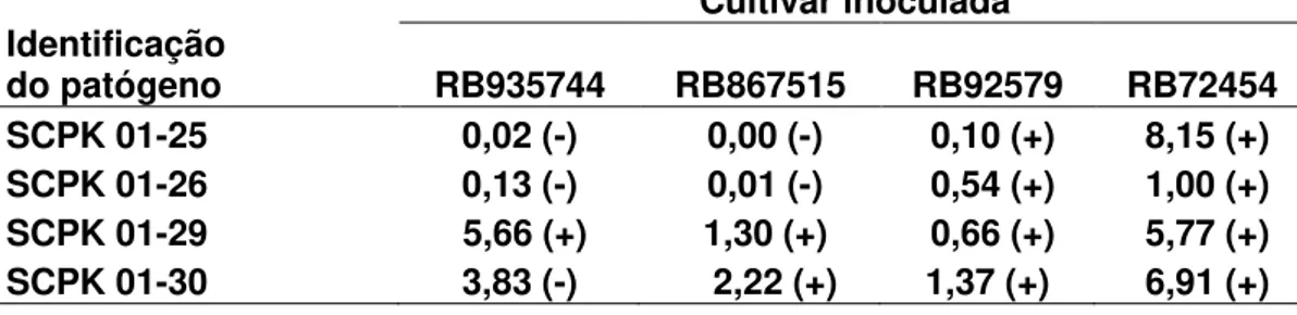 Tabela 4. Padrão de virulência de Puccinia kuehnii no conjunto de variedades de  cana-de-açúcar,  medido  pela  porcentagem  de  área  afetada  e  capacidade  de  esporulação     Cultivar inoculada  Identificação   do patógeno   RB935744  RB867515   RB9257
