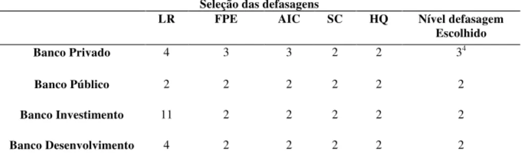 Tabela 14: Tabela com seleção dos níveis de defasagem, Selic  – patrimônio líquido (variável  de controle: produto) 