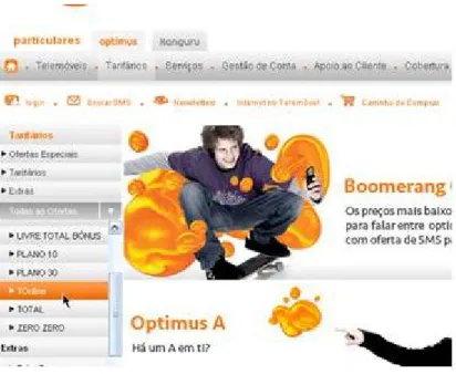 Figura 2.4 – Link para o TOnline – tarifários online – portal Optimus em 2008 