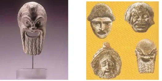 Figura 3: Máscara de um jovem escravo 350 a. C.  e modelos grotescos utilizados na comédia 488 a