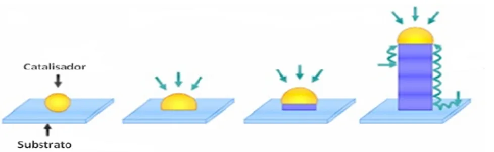 Figura  7:  Mecanismos  de  crescimento  VLS:  o  material  percussor  do  nanofio,  em  fase  de  vapor,  é  adsorvido  pela  gota líquida (catalisador) e após o estado de supersaturação esse material forma o nanofio (sólido)