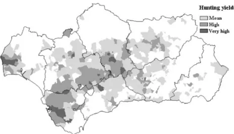 Fig. 2 Red-legged partridge hunting yield distribution in the municipalities of Andalusia.