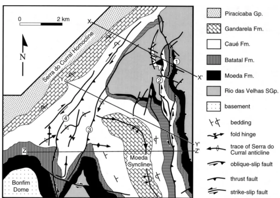Fig. 8. Structural relations at the intersection between the Serra do Curral homocline and the Moeda Syncline