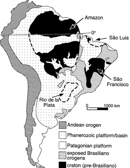 Fig. 2. Tectonic map of South America showing the four cratons