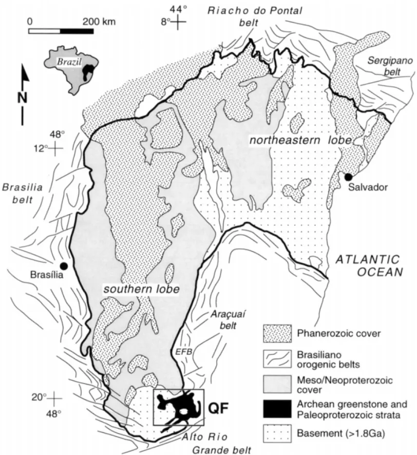 Fig. 3. Regional map of the Sa˜o Francisco craton, showing the location of the northeastern and southern lobes, the bordering Brasiliano orogenic belts, the Espinhac¸o fold-thrust belt ( EFB), and the QF