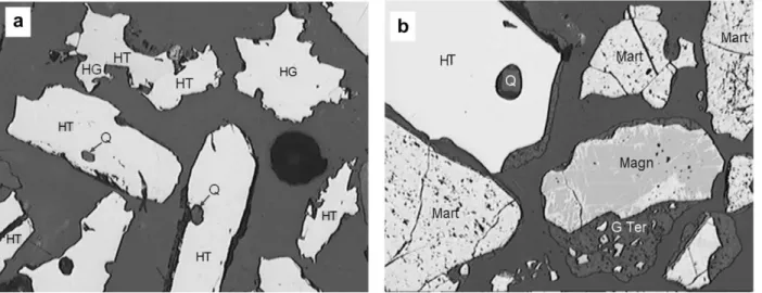 Fig. 1. Optical image of an iron-ore sample containing hematite and quartz (a), and of one containing hematite, goethite, martite, magnetite and quartz (b): tabular hematite = HT; granular hematite = GT; earthy goethite = Gter; martite = Mart; magnetite = 