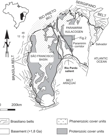 Fig. 1 – Simplified geologic map of the São Francisco craton showing the Paramirim aulacogen, the Paramirim corridor and the Araçuaí belt