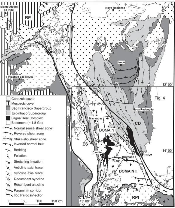 Fig. 2 – Simplified geologic map of the Paramirim aulacogen. The box indicates the location of Figure 4 (Based on Schobbenhaus et al