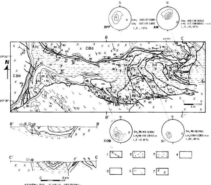 Fig.  4.  Geologic-structural  map  of  the  Dom  Bosco  Syncline  (modified  after  Dorr,  1969)  with  schematic  cross-section