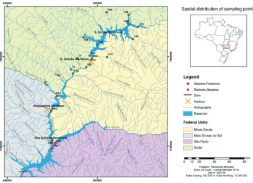 Figure 1. Sampling stations and golden mussel occurrence points along the Paranaı´ba River, upstream and downstream from the Sa˜o Sima˜o reservoir (MG/GO), Upper Parana´ River Basin.