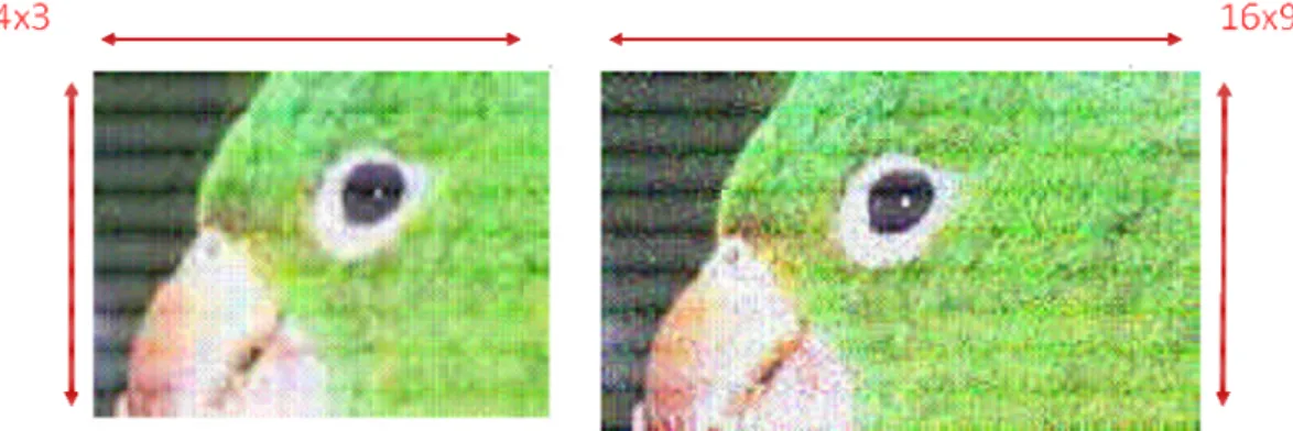 Figura 2. À esquerda tem-se uma imagem em SDTV (aspecto 4x3), enquanto que à direita tem-se a  mesma imagem em HDTV (aspecto 16x9)