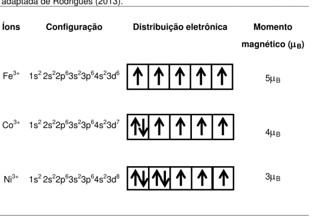 Tabela 3.3 Configuração eletrônica e momento magnético do ferro, cobalto e níquel,  adaptada de Rodrigues (2013)